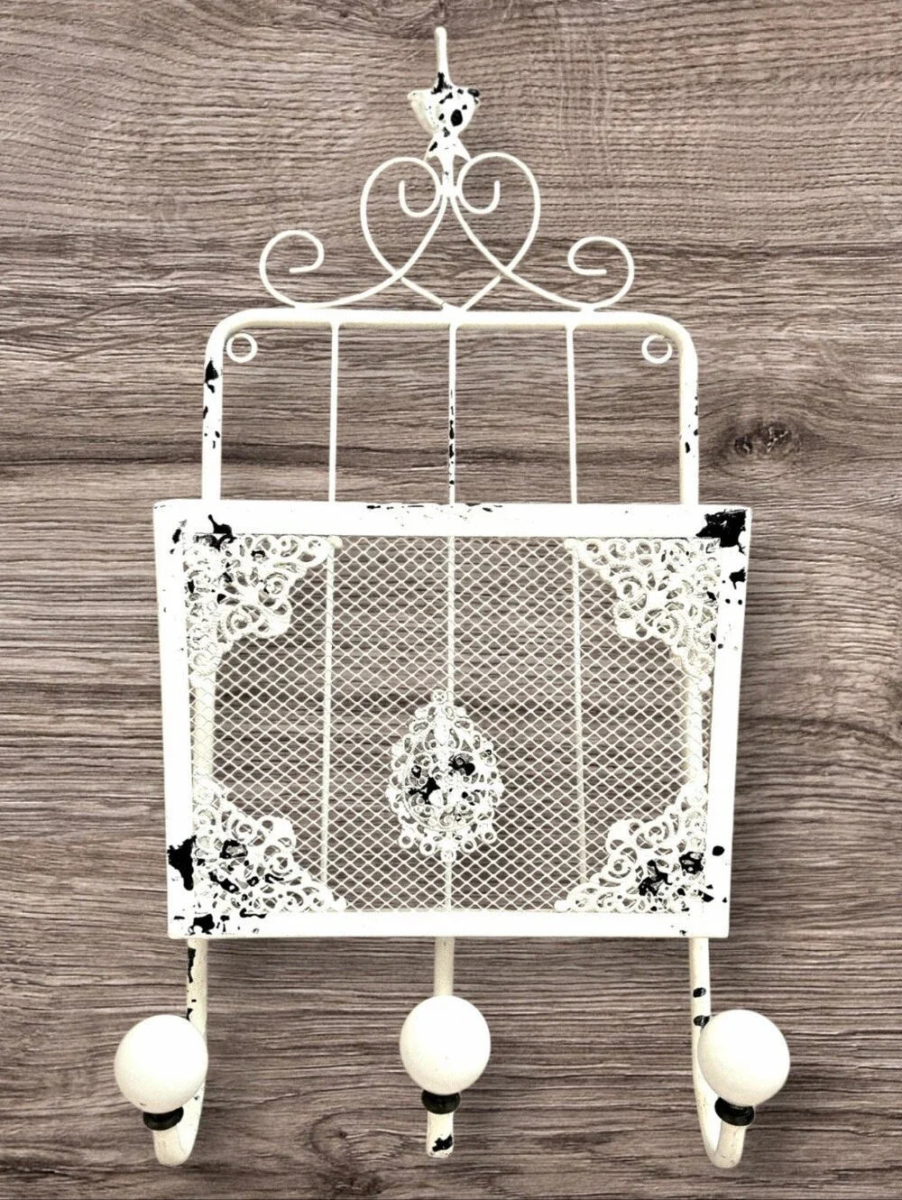 Shabby White Metal Wall Basket w Hangers Cottagecore Kitchen Bathroom Garden